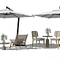 Outdoor Table and Chair Set With Umbrellas Potted Plants and Rattan Furniture Design