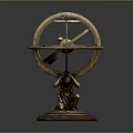 Brass Armillary Sphere Decorative Ornament With Intricate Ring Structure and Carved Base