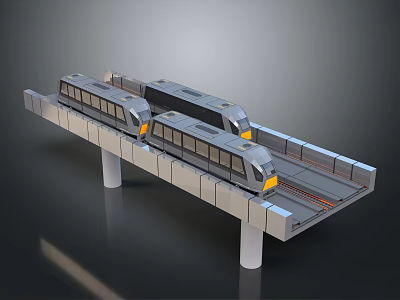 Modern Electric Tram With Silver Body And Yellow Front On Elevated Rail Track Structure 3d model