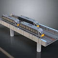Modern Electric Tram With Silver Body And Yellow Front On Elevated Rail Track Structure