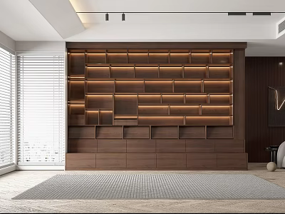 Modern Wooden Bookshelf With Built-in Lighting Design In Living Room Interior 3d model