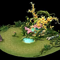 Cartoon Scene With Green Grass Vines Yellow Flowers Pink Butterfly Structure Small Ponds And Stones