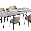 Oval Marble Pattern Dining Table Set With Light Brown Leather Chairs And Vase 3d model