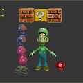 Green Hat Character With Red Bricks Question Mark Block Mushroom Brown Creatures And Green Plants 3d model