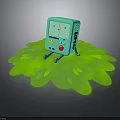 Cheerful Blue BMO Character Sitting On Green Leaf Shaped Mat With Colorful Buttons