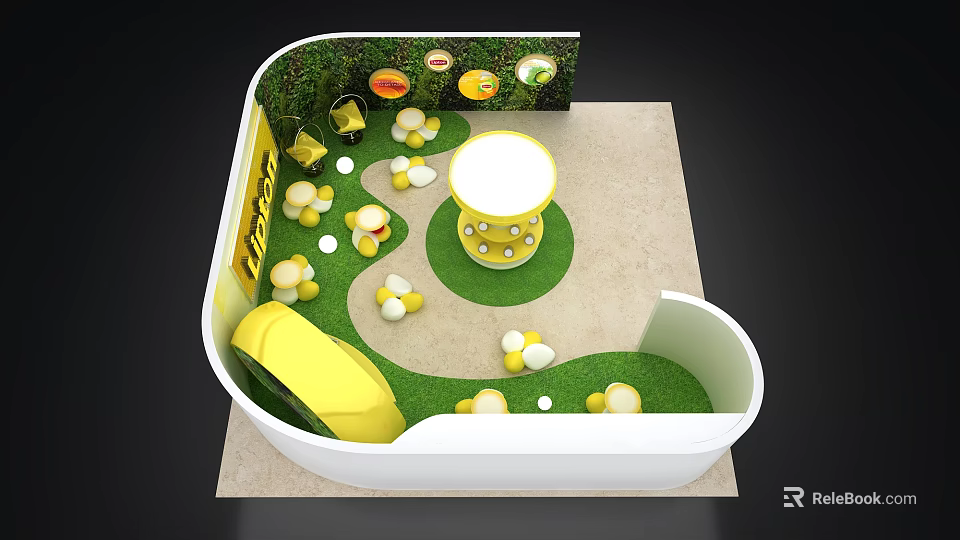 Colorful Children's Play Area With Green Grass Yellow Slide And Mushroom Decorations 3d model 