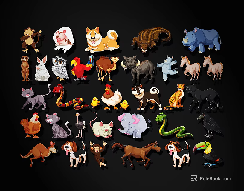 Various Cute Cartoon Animals Including Dogs Cats Elephants And Birds Illustration Set 3d model 
