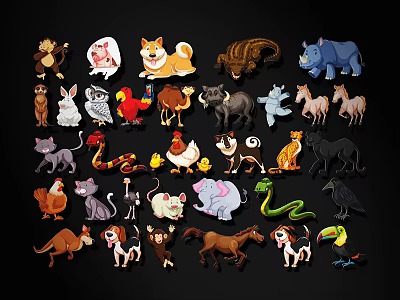 Various Cute Cartoon Animals Including Dogs Cats Elephants And Birds Illustration Set 3d model
