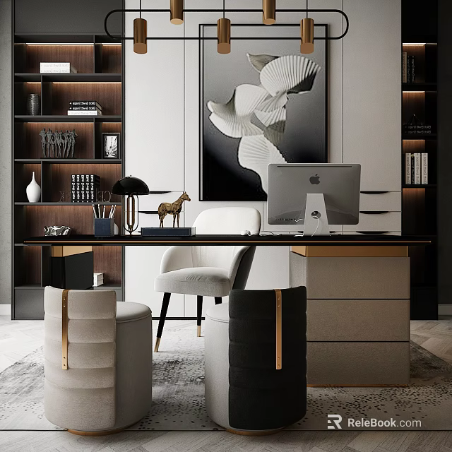 Modern Home Office Desk With White Chair Table Lamp Decorative Items And Wall Art 3d model 