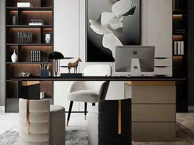 Modern Home Office Desk With White Chair Table Lamp Decorative Items And Wall Art 3d model
