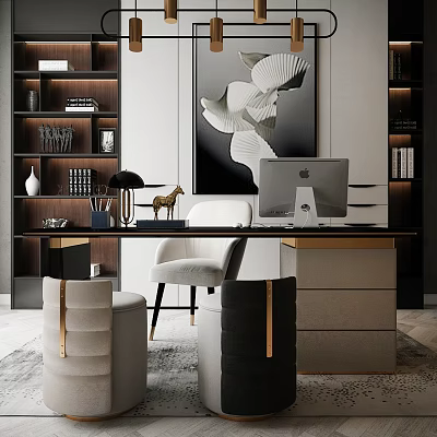Modern Home Office Desk With White Chair Table Lamp Decorative Items And Wall Art 3d model