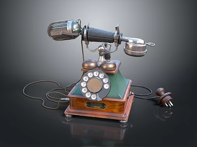Vintage Rotary Dial Telephone With Wooden Base And Metal Receiver Cord 3d model