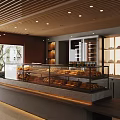 Modern Dessert Shop Interior With Glass Display Cases And Wooden Ceiling Lighting