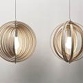 Wooden Pendant Lights With Circular Ring Spherical Design Inner Bulb On Light Colored Wall 3d model