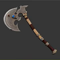 Decorative Axe With Intricate Metal Head Blue Red Gemstones And Wooden Handle