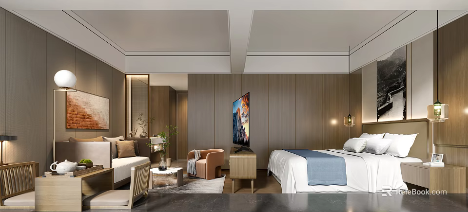 Modern Hotel Guest Room Interior With Large Bed Sofa TV Wooden Walls And Warm Lighting 3d model 