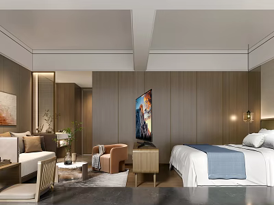 Modern Hotel Guest Room Interior With Large Bed Sofa TV Wooden Walls And Warm Lighting 3d model