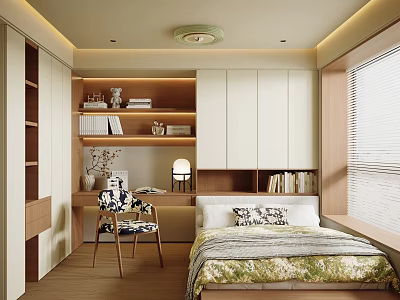 Cozy Tatami Bedroom Interior Design With Built-in Bookshelves White Cabinets And Wooden Desk 3d model