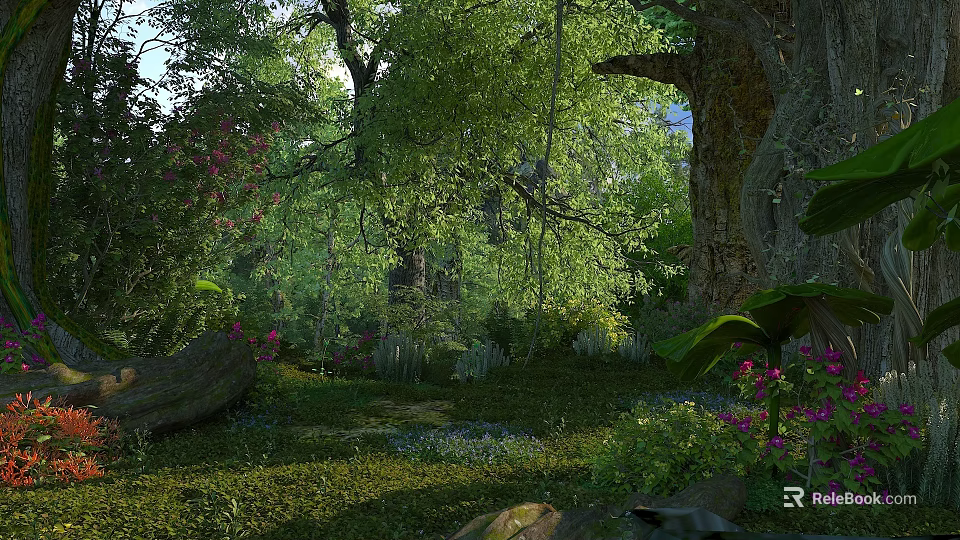 Enchanted Forest With Lush Trees Colorful Flowers Green Vegetation And Sunlight Filtering Through Tree Trunks 3d model 