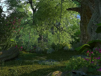 Enchanted Forest With Lush Trees Colorful Flowers Green Vegetation And Sunlight Filtering Through Tree Trunks 3d model