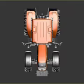 Orange Tractor With Open Hood Large Black Tires And Reflective Surface