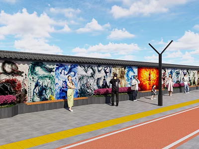 Colorful Mural Feature Wall With People Appreciating Flower Beds And Street Lamp Under Blue Sky 3d model