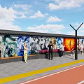 Colorful Mural Feature Wall With People Appreciating Flower Beds And Street Lamp Under Blue Sky