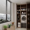 Home Balcony Interior With Window Blinds Mountain View Potted Plants And Cabinets