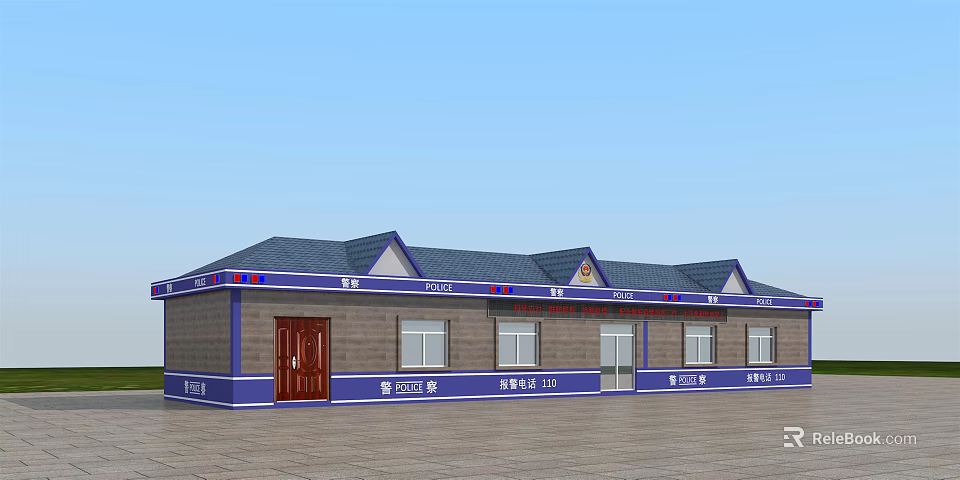 Single Story Police Station Building With Gabled Roof Brown Blue Exterior And Red Door 3d model 