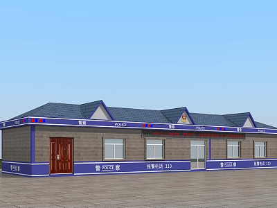 Single Story Police Station Building With Gabled Roof Brown Blue Exterior And Red Door 3d model