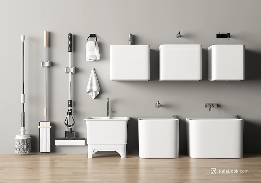 Bathroom Cleaning Tools And Sanitary Ware With Wall Mounted Tanks And Floor Standing Basins 3d model 