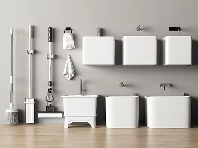 Bathroom Cleaning Tools And Sanitary Ware With Wall Mounted Tanks And Floor Standing Basins 3d model