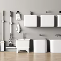 Bathroom Cleaning Tools And Sanitary Ware With Wall Mounted Tanks And Floor Standing Basins