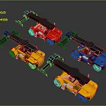 Four Colored Utility Vehicles With Mechanical Arms For Industrial Material Handling