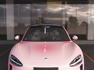 Modern Pink Car Front View With Sleek Exterior And Glass Facade Background 3d model