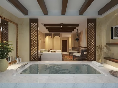 Elegant SPA Sauna Area With Jacuzzi Massage Beds And Plants 3d model