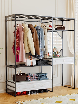 Open Wardrobe Walk-in Metal Cloakroom Bedroom Dressing Table Integrated Combination Iron Rack Hanger 3d model