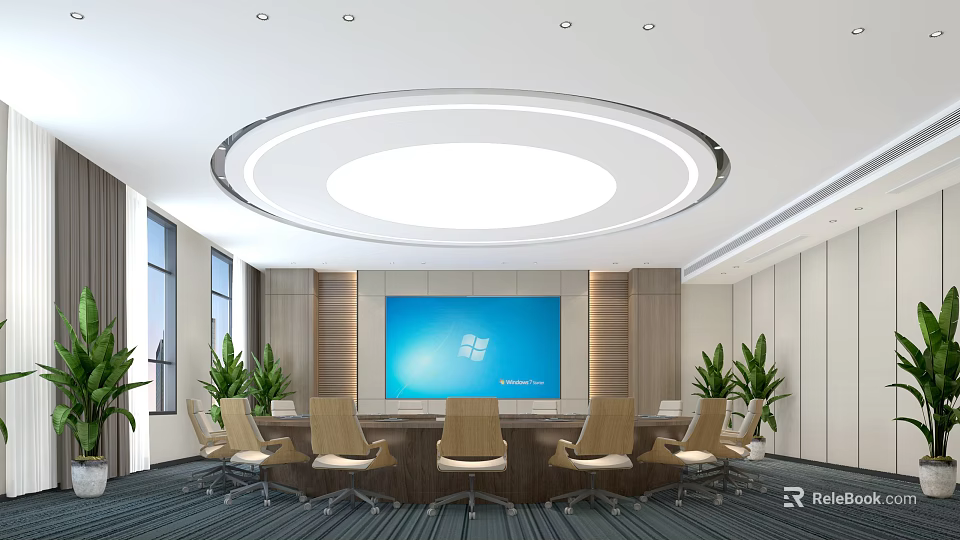 Modern Meeting Room Interior With Blue Screen Circular Ceiling Light Wooden Walls Chairs And Plants 3d model 