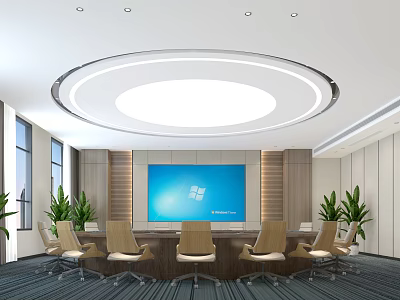 Modern Meeting Room Interior With Blue Screen Circular Ceiling Light Wooden Walls Chairs And Plants 3d model