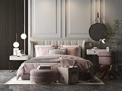 Pink Double Bed Interior With Pillows Nightstand Table Lamp Round Mirror Dressing Table And Rug 3d model