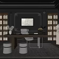Elegant Study Room Interior with Dark Wood Bookshelves Large Desk and Leather Chair
