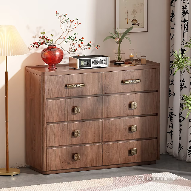 Wooden Sideboard Cabinet With Metal Handles Decorative Vase Plants And Radio 3d model 