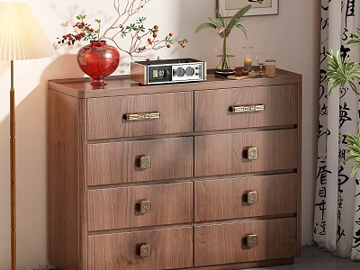 Wooden Sideboard Cabinet With Metal Handles Decorative Vase Plants And Radio 3d model