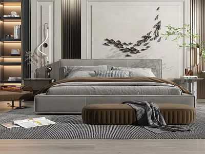 Modern Bedroom Double Bed Interior Design With Gray Frame Decorative Art And Area Rug 3d model