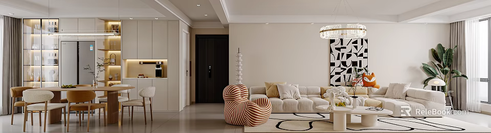 Modern Living Room With Beige Walls Striped Accent Chair Sofa Pillows And Chandelier 3d model 