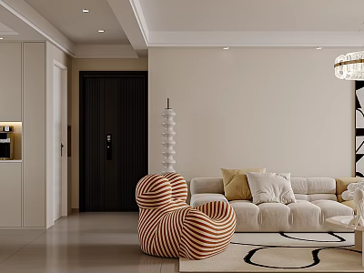 Modern Living Room With Beige Walls Striped Accent Chair Sofa Pillows And Chandelier 3d model