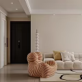 Modern Living Room With Beige Walls Striped Accent Chair Sofa Pillows And Chandelier