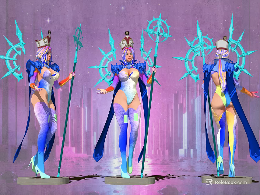 Game Movie Characters In Gorgeous Outfits Holding Staffs With Glowing Ornaments And City Night Backdrop 3d model 