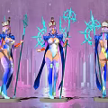 Game Movie Characters In Gorgeous Outfits Holding Staffs With Glowing Ornaments And City Night Backdrop