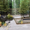Zen Courtyard Garden with Bamboo Grove Lattice Fence Yellow Flowers and Raked Gravel